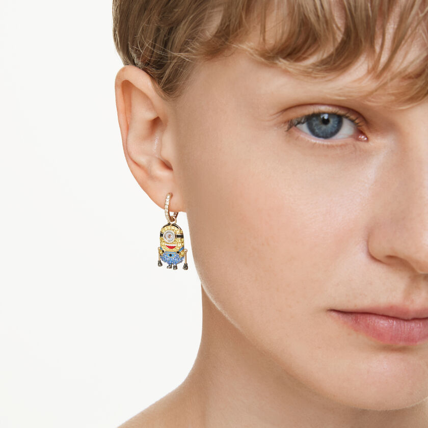 swarovski minions stuart and banana drop earrings  pav   mini  multicolored  18k gold finish