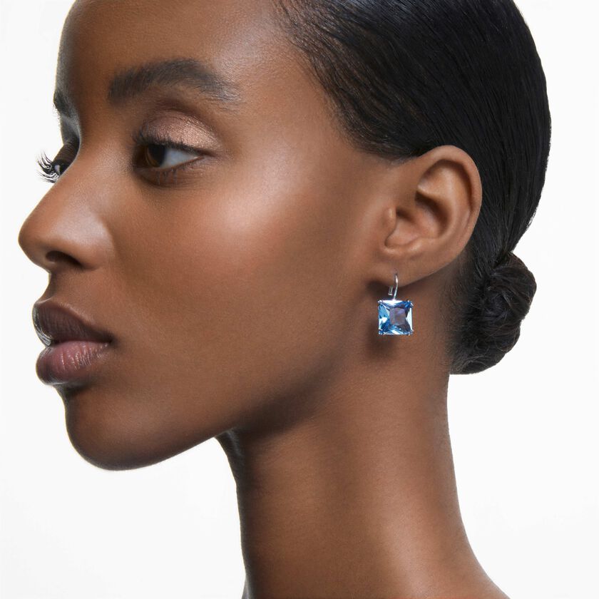 swarovski millenia earrings  square cut crystal  blue  rhodium plated