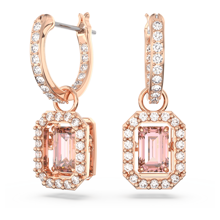 swarovski una drop earrings  octagon cut  pink  rose gold tone plated