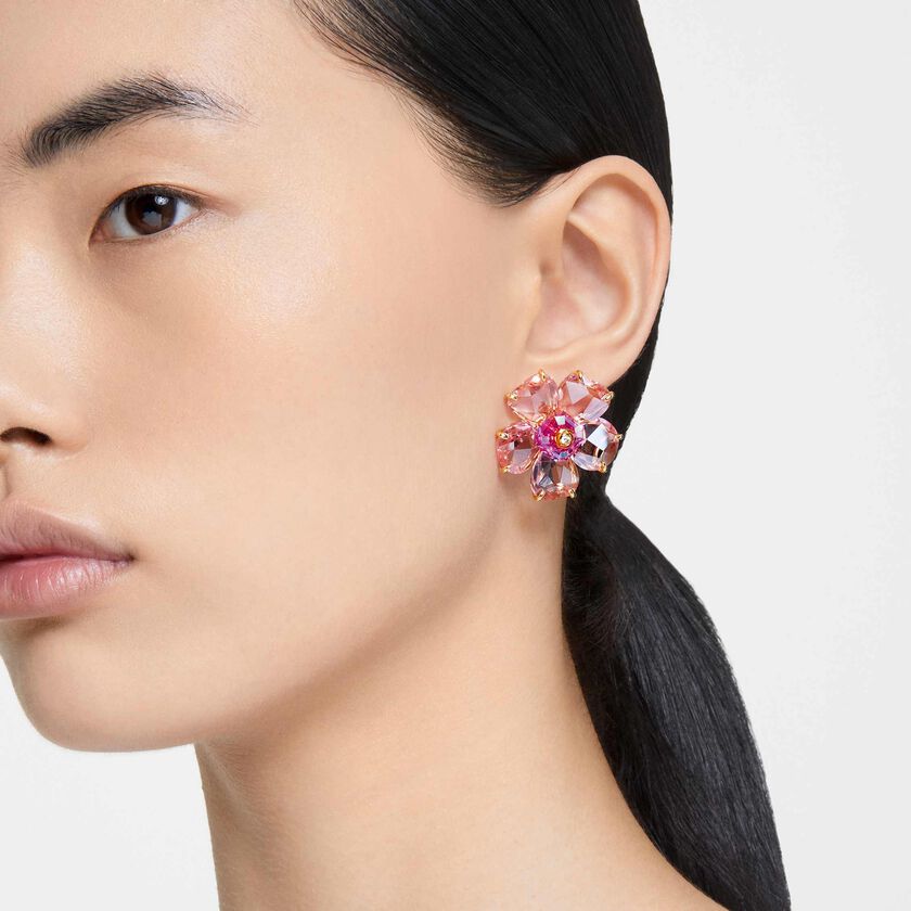 swarovski idyllia stud earrings  flower  pink  gold tone plated