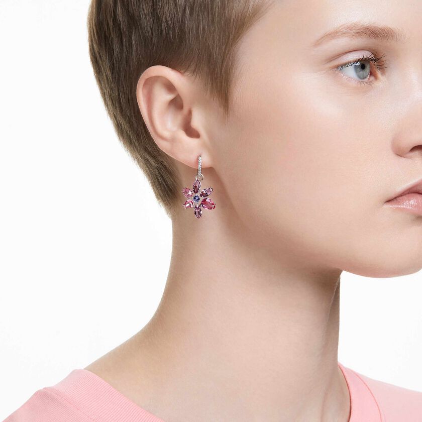 swarovski gema drop earrings  mixed cuts  flower  pink  rhodium plated