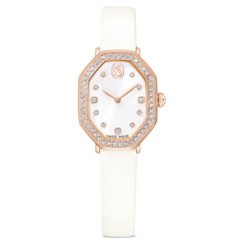 swarovski ساعة dextera octagon، صناعة سويسرية، سوار جلد، لون أبيض، لمسة نهائية بلون ذهبي وردي