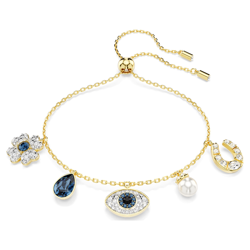 swarovski سوار symbolica، حلية على شكل زهرة برسيم، حلية على شكل عين الحسود، حلية على شكل حدوة حصان، لون أزرق، طلاء باللون الذهبي