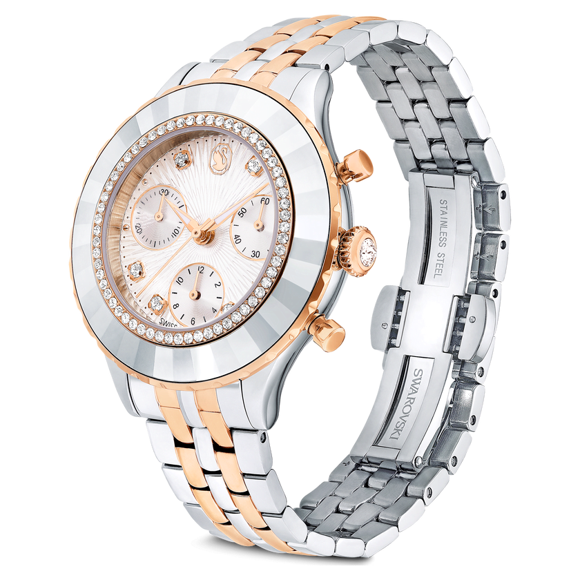 swarovski octea chrono watch  swiss made  metal bracelet  rose gold tone  mixed metal finish