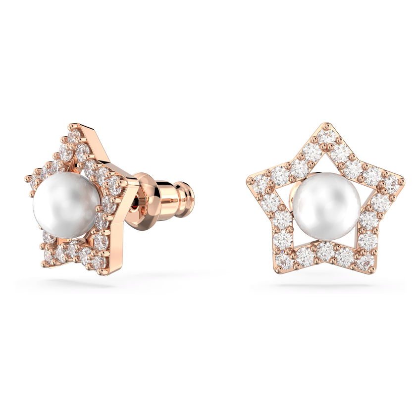 swarovski stella stud earrings  crystal pearls  star  white  rose gold tone plated