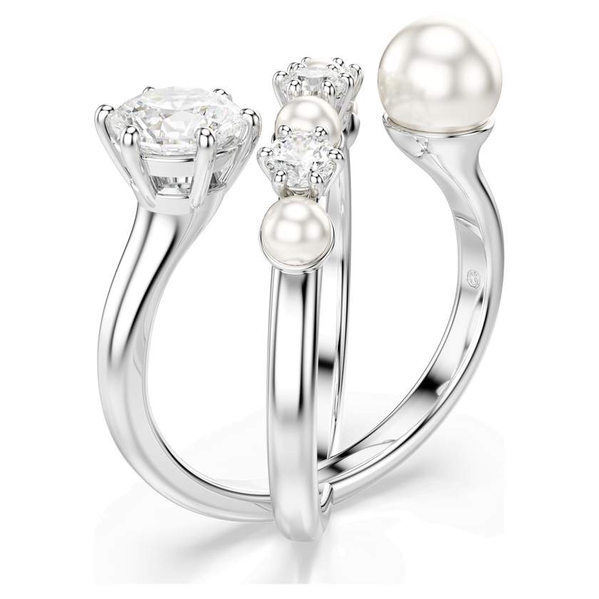 swarovski matrix cocktail ring  crystal pearl  round cut  white  rhodium plated