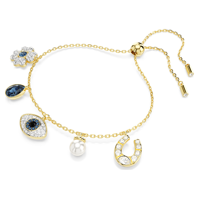 swarovski سوار symbolica، حلية على شكل زهرة برسيم، حلية على شكل عين الحسود، حلية على شكل حدوة حصان، لون أزرق، طلاء باللون الذهبي