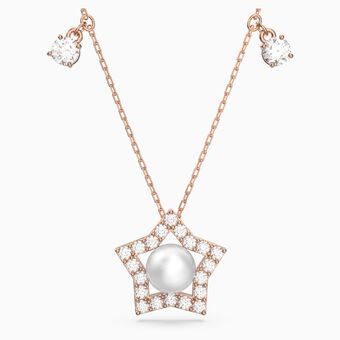 Stella necklace, Crystal pearls, Star, White, Rose gold-tone plated