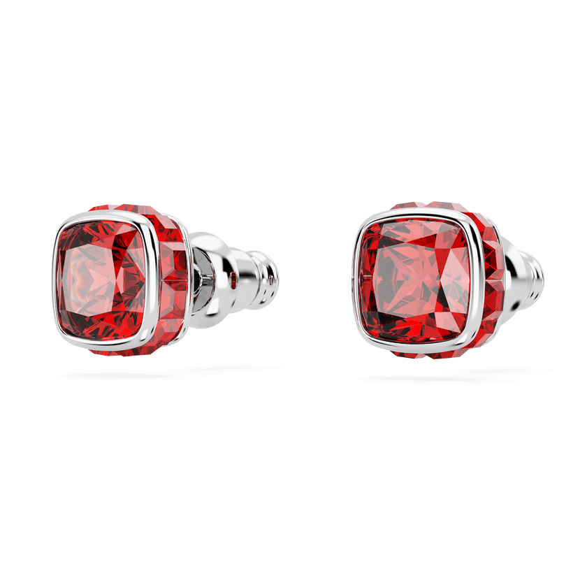 swarovski birthstone stud earrings  square cut  july  red  rhodium plated