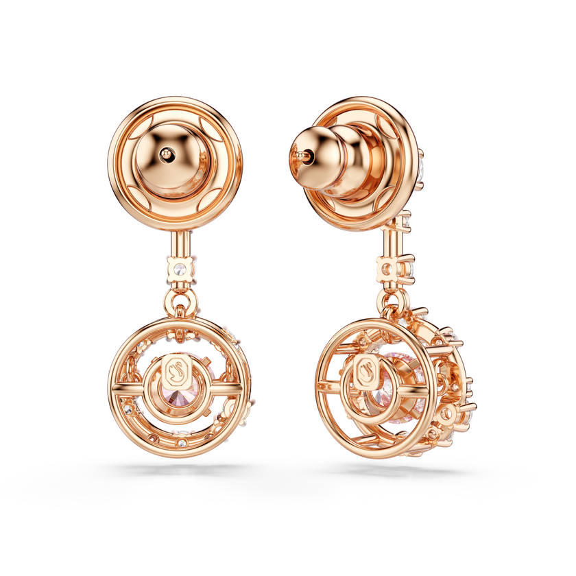 swarovski constella drop earrings  round cut  dancing stone  pink  rose gold tone plated