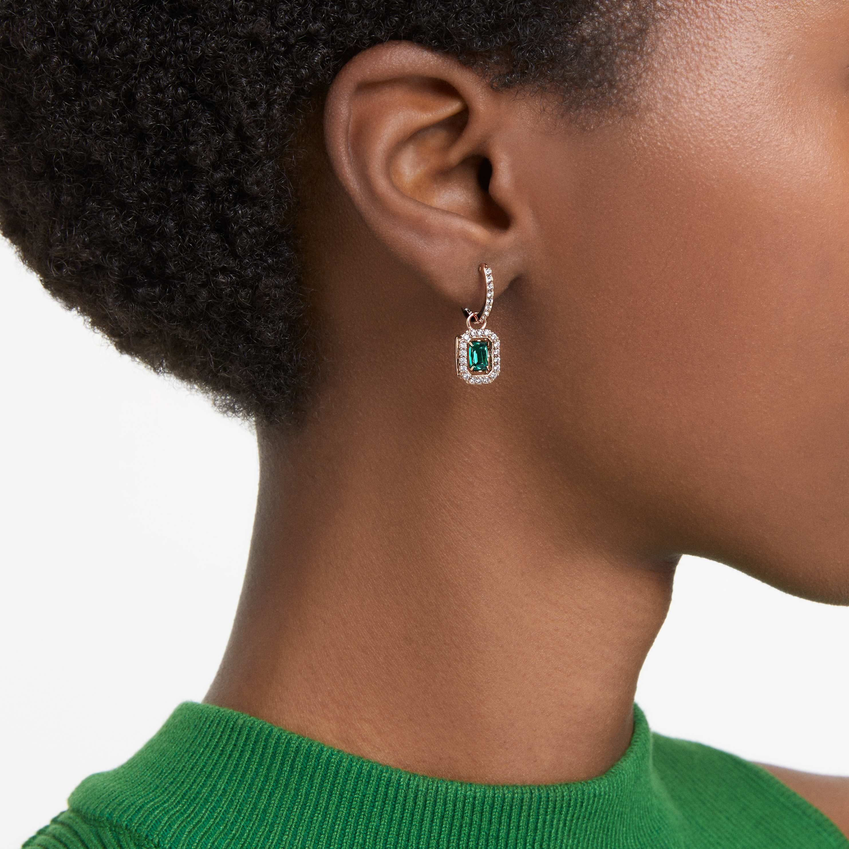 swarovski una drop earrings  octagon cut  green  rose gold tone plated