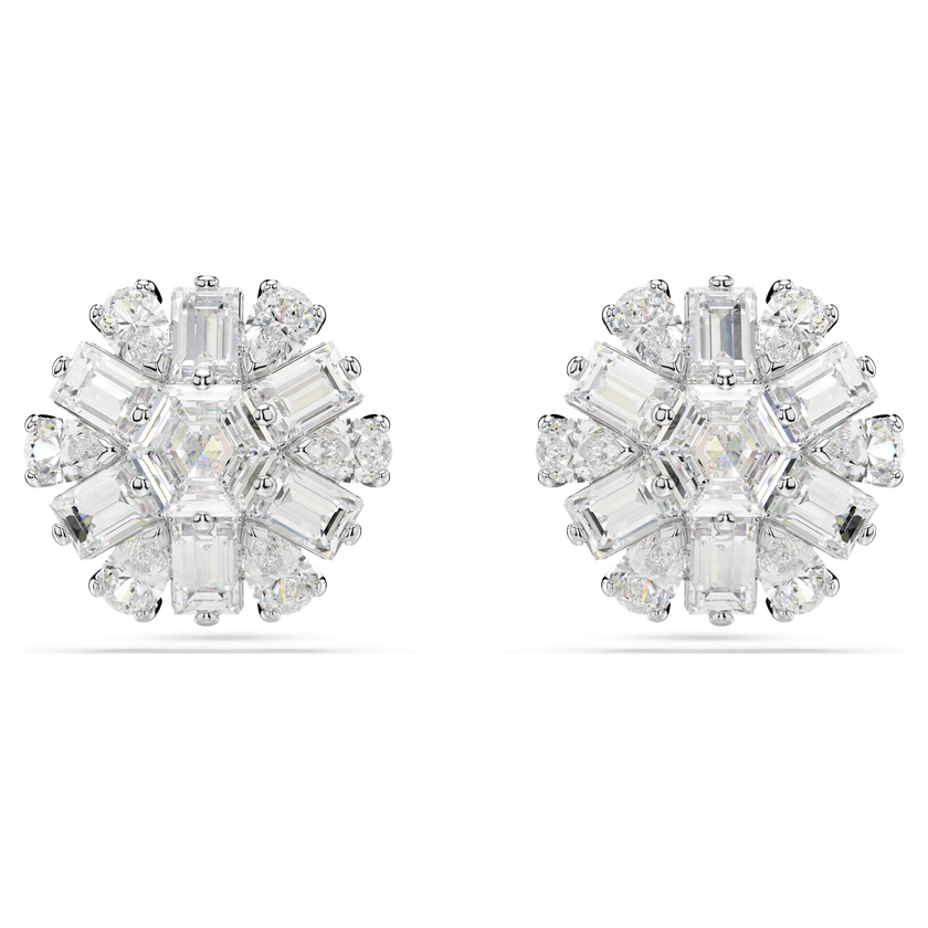 swarovski idyllia stud earrings  mixed cuts  snowflake  white  rhodium plated