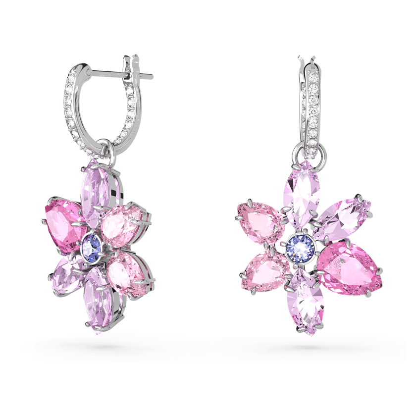 swarovski gema drop earrings  mixed cuts  flower  pink  rhodium plated