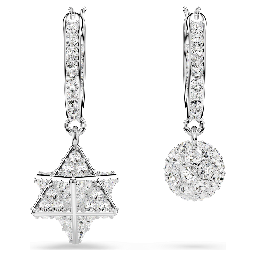 swarovski dextera drop earrings  asymmetrical design  round cut  star and sphere  white  rhodium plated