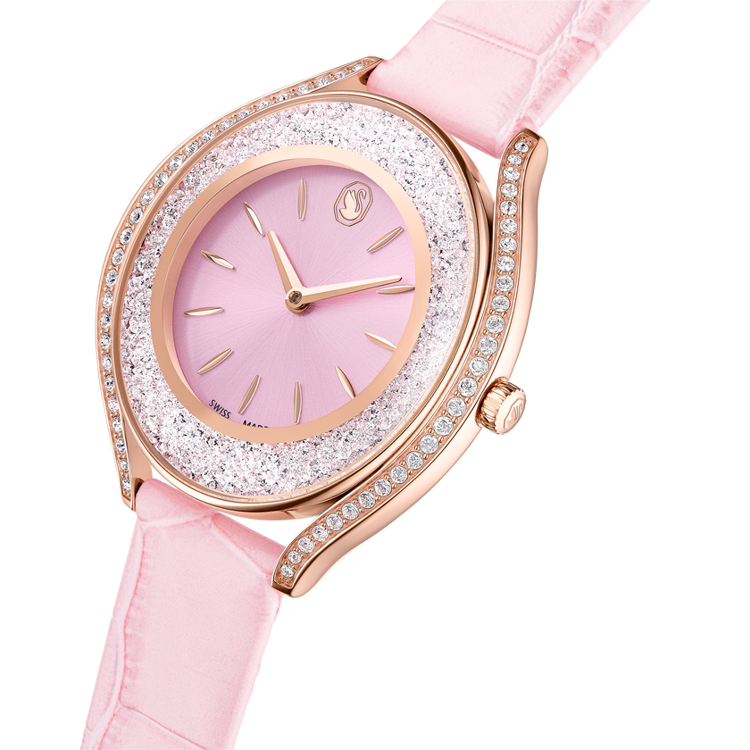 swarovski crystalline aura watch  swiss made  leather strap  pink  rose gold tone finish