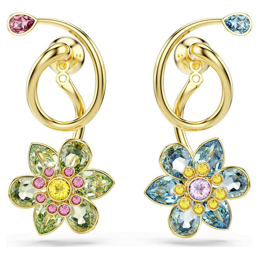 swarovski idyllia drop earrings  asymmetrical design  mixed cuts  flower  multicolored  gold tone plated