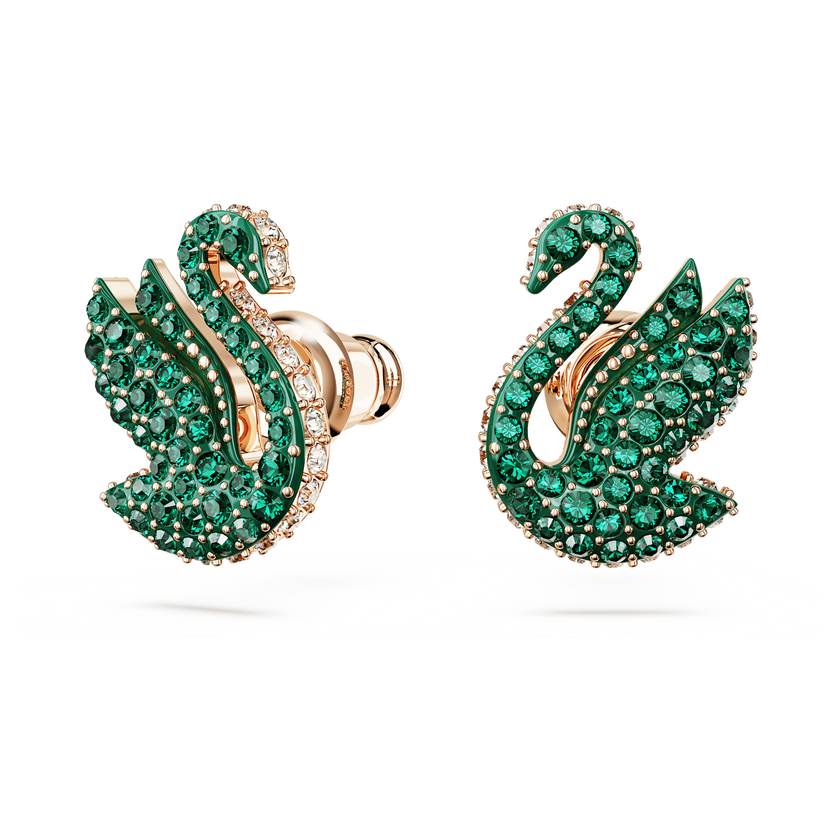 swarovski أقراط دبوسية swan، على شكل بجعة، لون أخضر، طلاء بلون ذهبي وردي