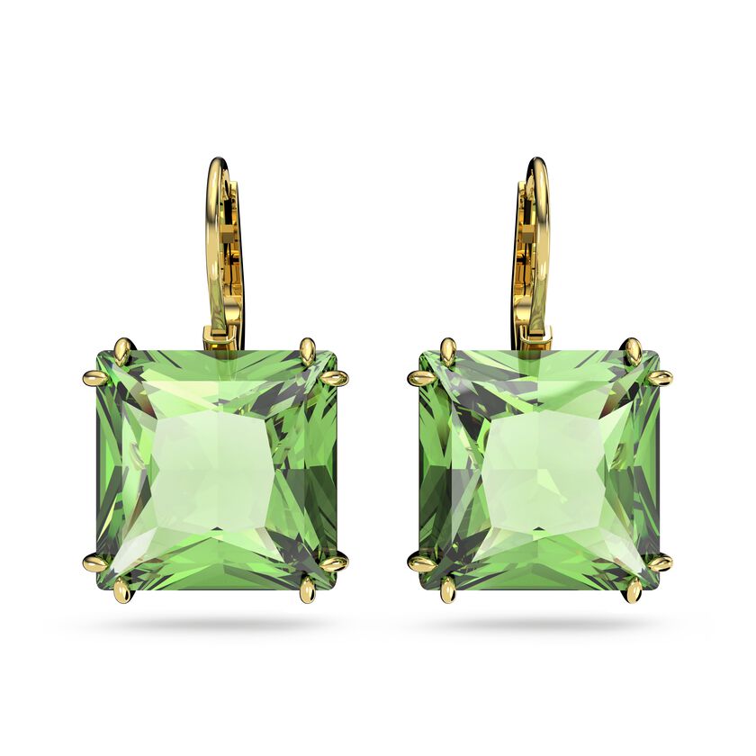 Millenia earrings, Square cut crystal, Green, Gold-tone plated