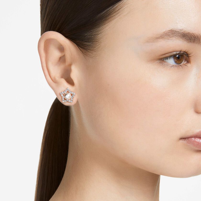 swarovski stella stud earrings  crystal pearls  star  white  rose gold tone plated