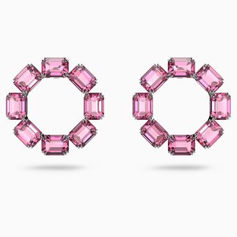 Millenia hoop earrings, Octagon cut crystals, Pink, Rhodium plated