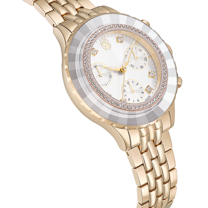 swarovski ساعة octea chrono، صناعة سويسرية، سوار معدني، لون ذهبي، لمسة نهائية بلون ذهبي شامبين