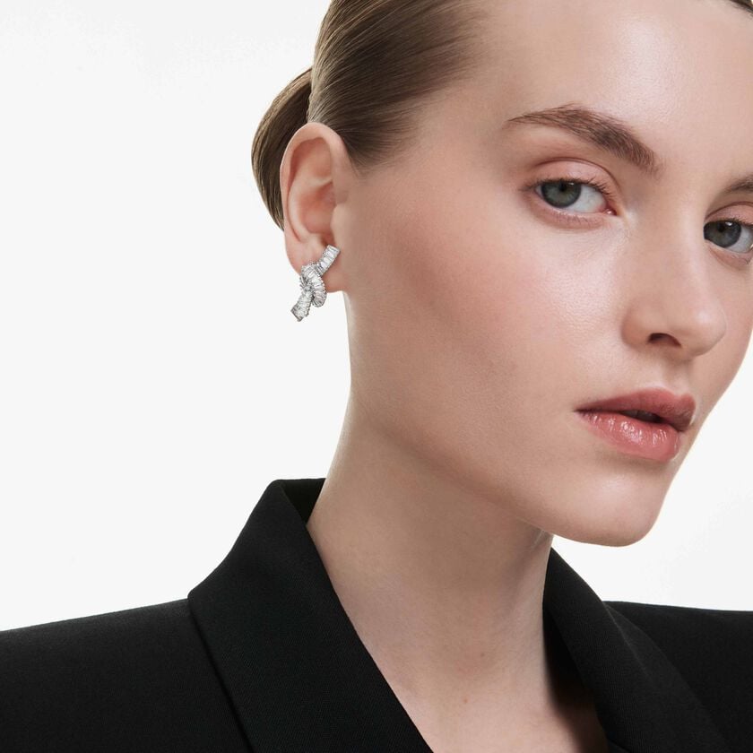swarovski matrix earrings  baguette cut  knot  white  rhodium plated