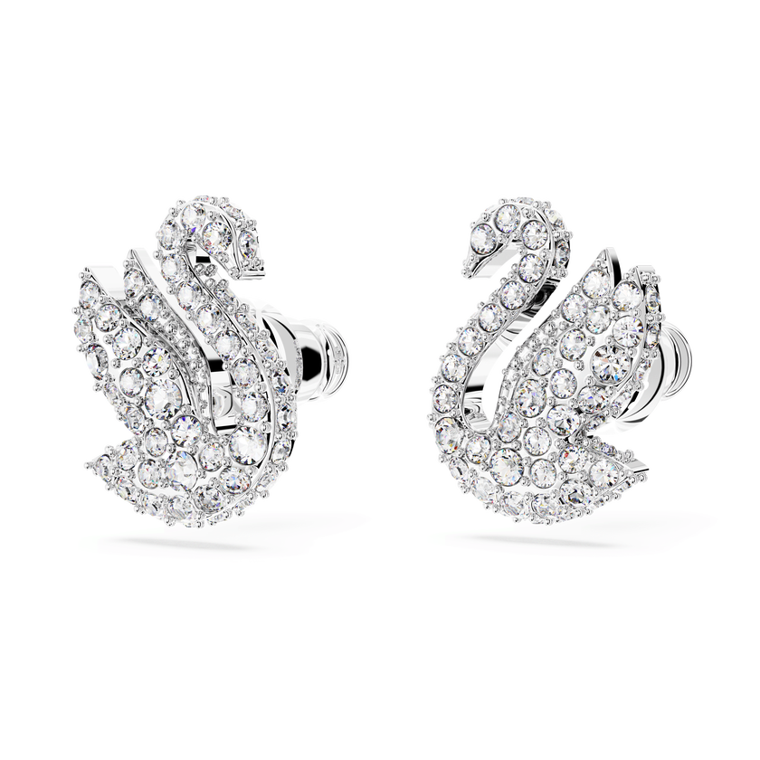 swarovski أقراط دبوسية swan، على شكل بجعة، لون أبيض، طلاء روديوم