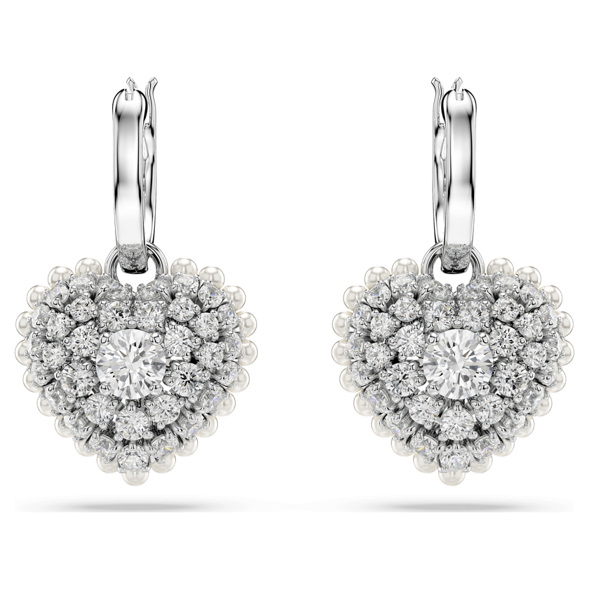 swarovski hyperbola drop earrings  crystal pearl  heart  white  rhodium plated