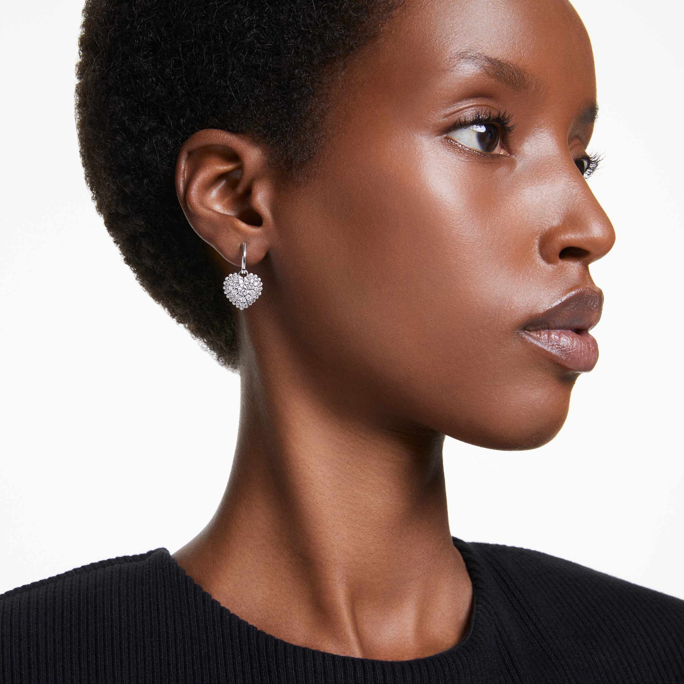 swarovski hyperbola drop earrings  crystal pearl  heart  white  rhodium plated