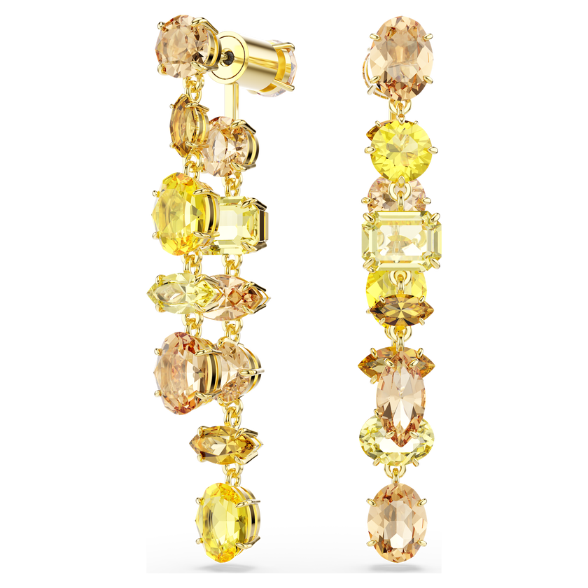 swarovski gema drop earrings  asymmetrical design  mixed cuts  long  yellow  gold tone plated