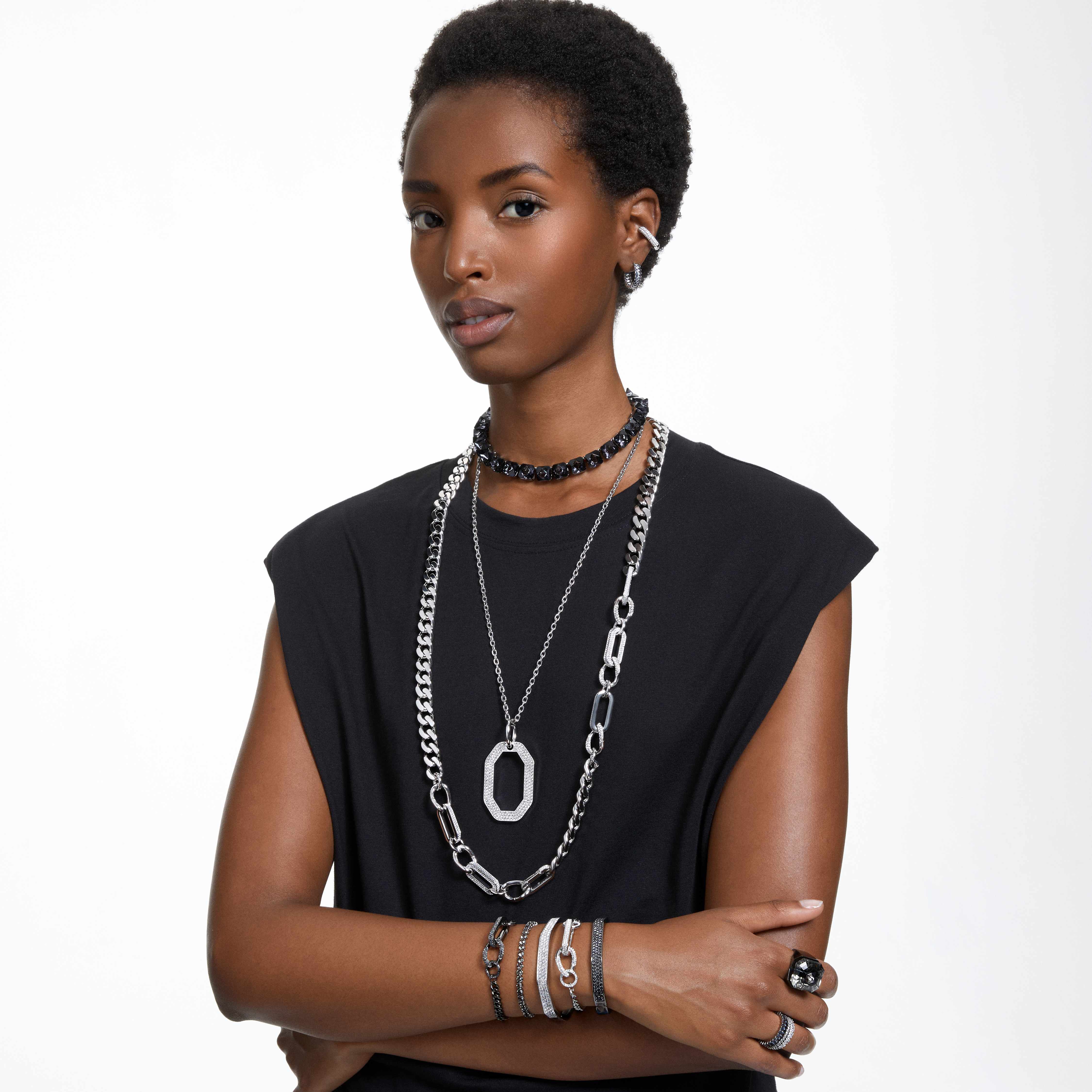 swarovski matrix hoop earrings  baguette cut  gray  ruthenium plated