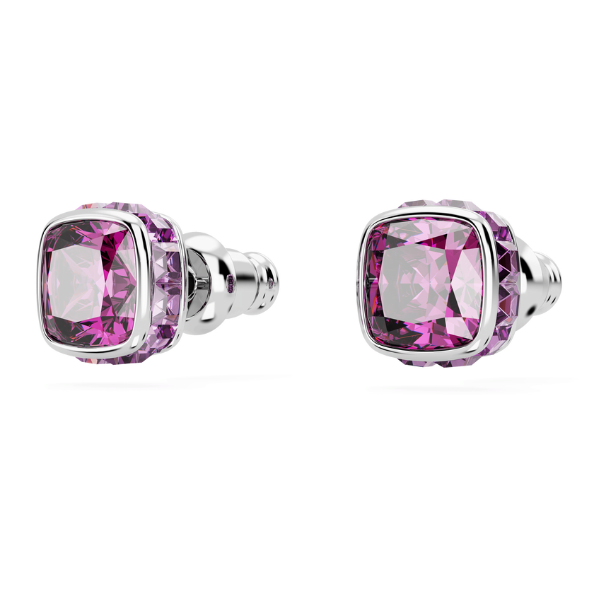 swarovski birthstone stud earrings  square cut  february  purple  rhodium plated