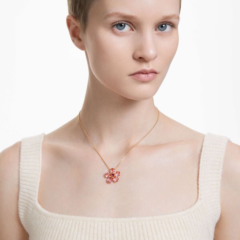 swarovski عقد idyllia، على شكل زهرة، لون وردي، طلاء بلون ذهبي