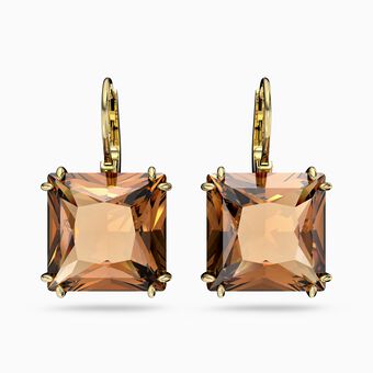 Millenia earrings, Square cut crystal, Brown, Gold-tone plated