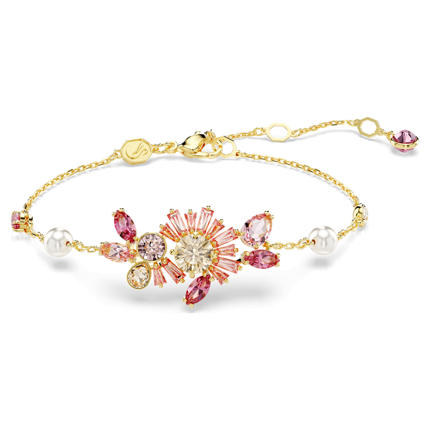 swarovski gema bracelet  mixed cuts  flower  pink  gold tone plated