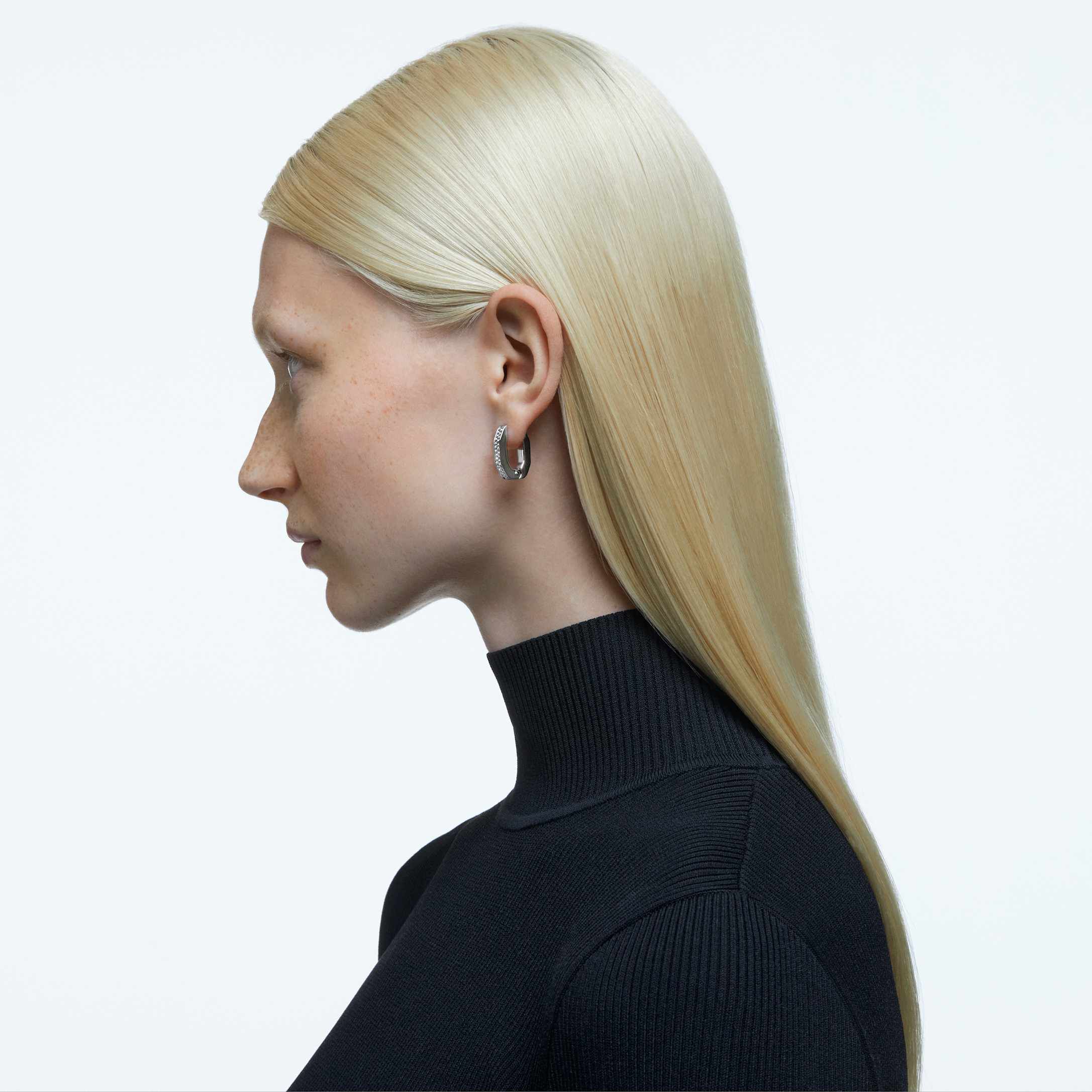 swarovski dextera hoop earrings  octagon shape  small  white  rhodium plated