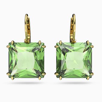 Millenia earrings, Square cut crystal, Green, Gold-tone plated