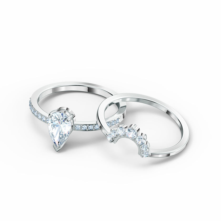 swarovski مجموعة خواتم attract على شكل كمثري، لون أبيض، طلاء روديوم