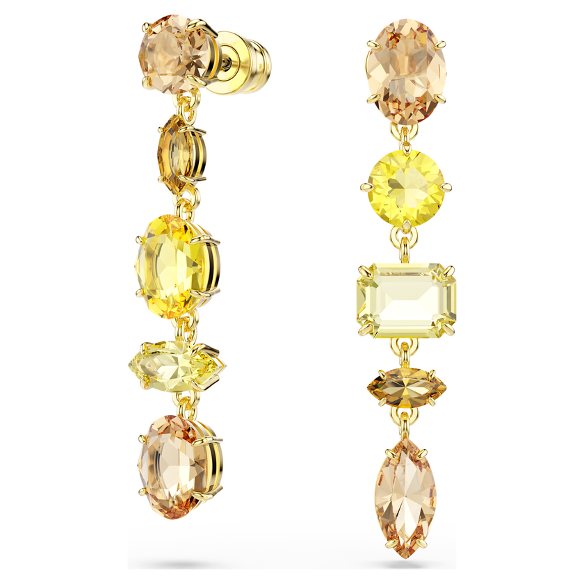 swarovski gema drop earrings  asymmetrical design  mixed cuts  long  yellow  gold tone plated