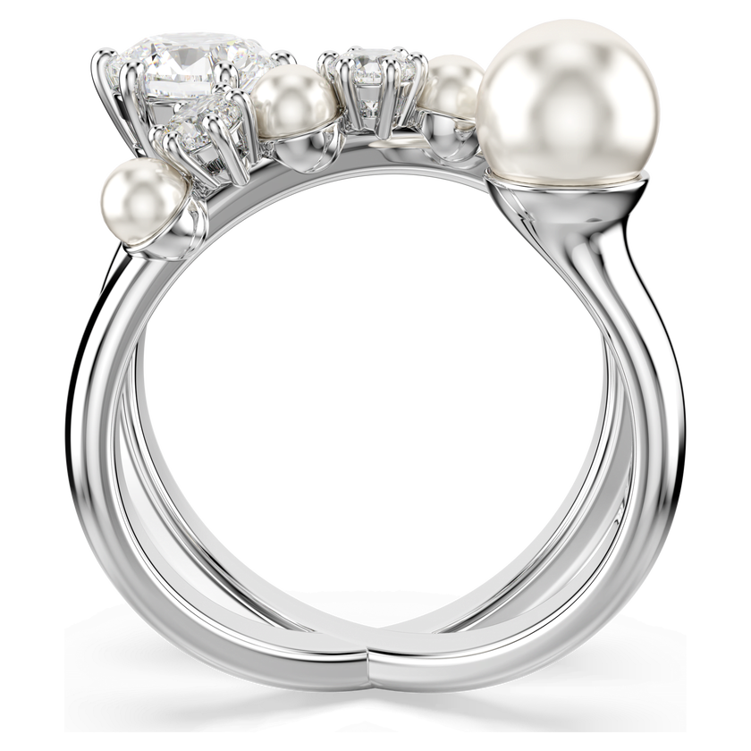 swarovski matrix cocktail ring  crystal pearl  round cut  white  rhodium plated