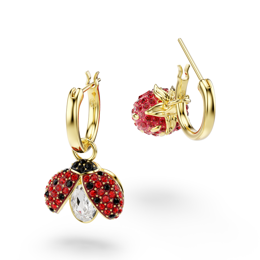 swarovski idyllia drop earrings  set  3   ladybug  clover  strawberry  multicolored  18k gold finish
