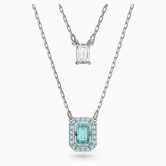 Millenia layered necklace, Octagon cut, Blue, Rhodium plated