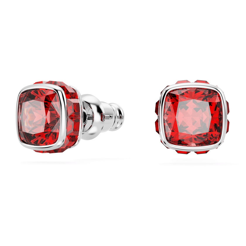 swarovski birthstone stud earrings  square cut  july  red  rhodium plated