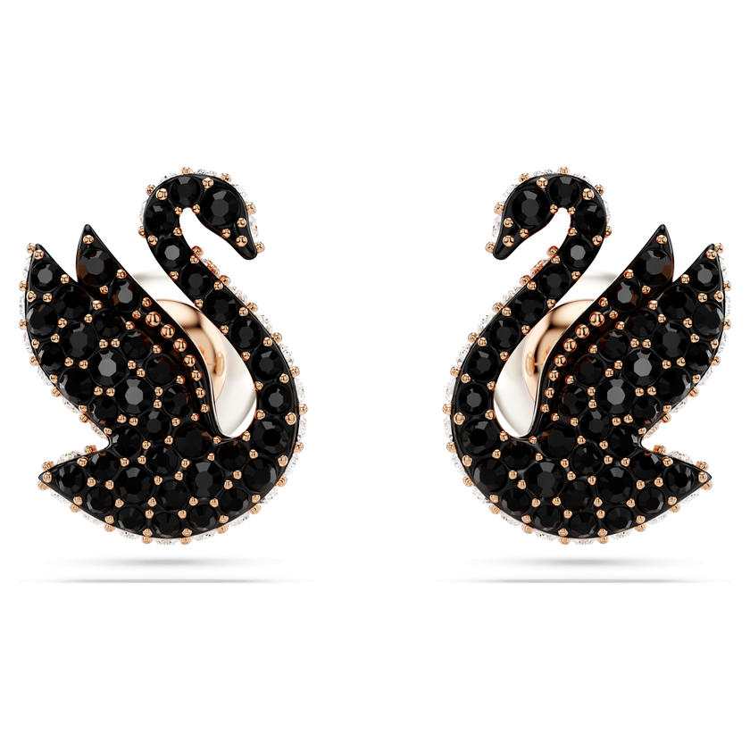 swarovski swan stud earrings  crystal pearl  swan  black  rose gold tone plated