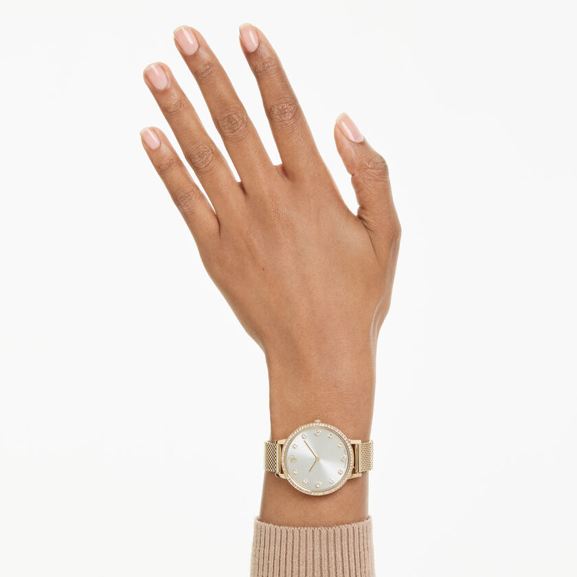 swarovski clarica watch  swiss made  metal bracelet  gold tone  gold tone finish