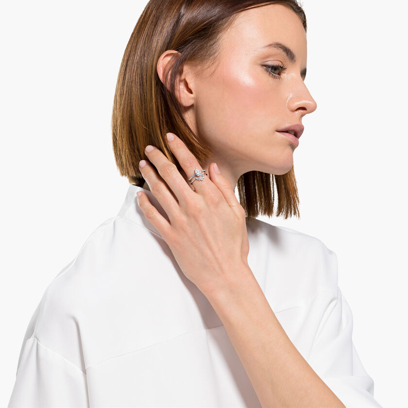 swarovski مجموعة خواتم attract على شكل كمثري، لون أبيض، طلاء روديوم