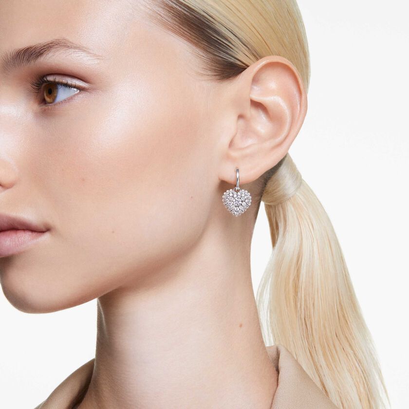 swarovski hyperbola drop earrings  crystal pearl  heart  white  rhodium plated
