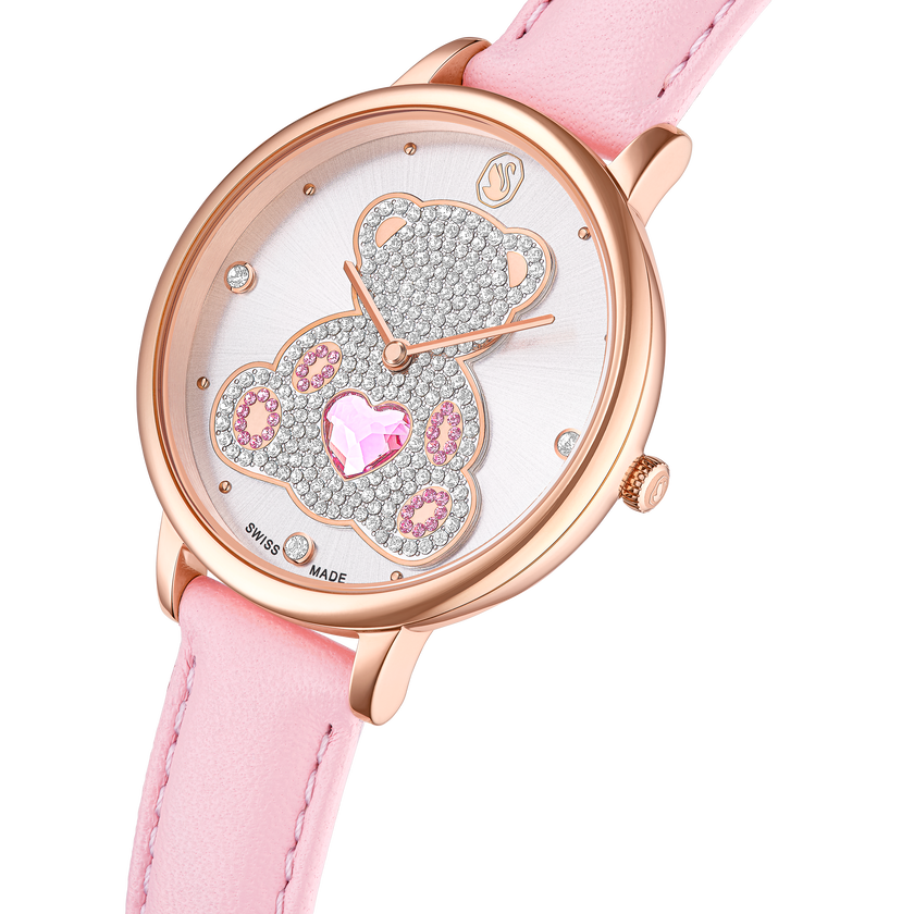 swarovski ساعة teddy، صناعة سويسرية، سوار جلد، لون وردي، لمسة نهائية بلون ذهبي وردي