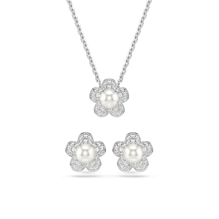 ariana grande x swarovski set  crystal pearl  round cut  flower  white  rhodium plated