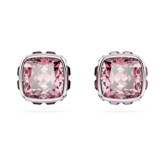 swarovski birthstone stud earrings  square cut  october  pink  rhodium plated